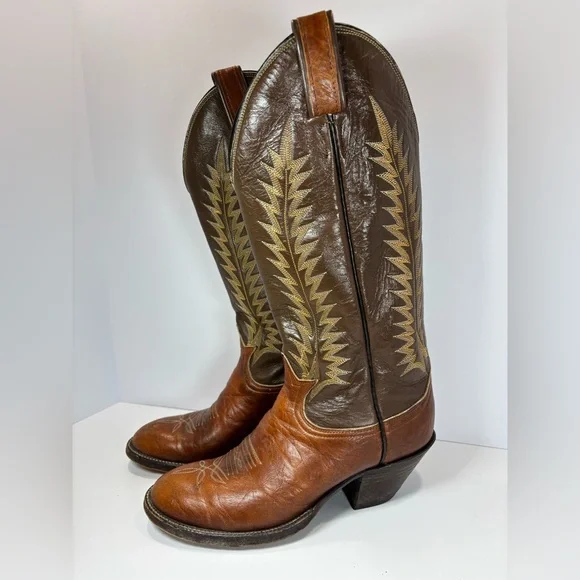 Vintage Tony Lama Women Size 6/ Two Tone Brown Leather Cowboy Western Boots - Picture 2 of 10